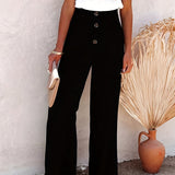 kkboxly  Smocked Waist Wide Leg Pants, Casual Loose Button Front Pants For Spring & Summer, Women's Clothing