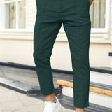 Men's Work Pockets Button Fly Pleated Line Slim Fit Trousers