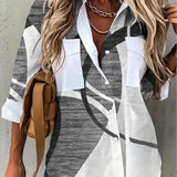 kkboxly  Plus Size Casual Blouse, Women's Plus Colorblock Geometric Print Button Up Turn Down Collar Blouse