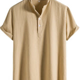 kkboxly  Men's Cotton & Linen Striped Half Button Shirt