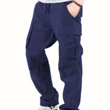 Cotton Solid Multi Flap Pockets Men's Straight Leg Cargo Pants, Loose Casual Outdoor Pants, Men's Work Pants For Hiking Fishing Angling