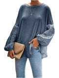 kkboxly  Women's Blouse Cut Out Contrast White Lace Sweatshirt