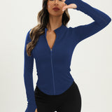 kkboxly  Black Full-zipper Yoga Jacket, Long Sleeve Hollow Out Slim Fitted Sports Top, Women's Activewear
