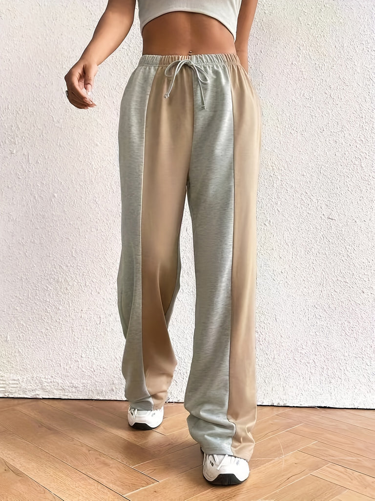 kkboxly  Color Block Wide Leg Pants, Casual Loose Drawstring Pants For Spring & Fall, Women's Clothing