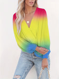 kkboxly  Gradient Print Surplice Neck Blouse, Casual Lantern Long Sleeve Blouse For Spring & Fall, Women's Clothing