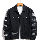 kkboxly  Letter Print Denim Jacket, Men's Casual Chic Lapel Chest Pocket Jacket