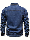kkboxly  Men's Chic Washed Denim Jacket, Casual Street Style Button Up Contrast Stitching Jacket For Fall Winter