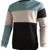 kkboxly  Colorblock Sweatshirt, Men's Casual Solid Color Slightly Stretch Crew Neck Pullover Sweatshirt For Spring Fall
