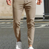 kkboxly  Slim Pockets Classic  Trousers, Men's Casual Solid Color Lace-up Pants For Spring And Autumn