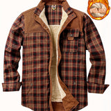 kkboxly  Men's Plaid Print Jacket, Windproof Thermal Patchwork Lapel Winter Shirt For Men's Winter Outdoor Activities