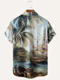 kkboxly  Hawaiian Coconut Tree Landscape Print Button Down Shirt for Plus Size Men - Casual Lapel Summer Shirt with Chest Pocket - Perfect for Holidays and Vacations