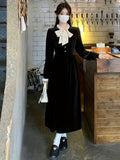 kkboxly  Contrast Trim Bow Decor Velvet Dress, Elegant Long Sleeve Button Front Dress For Spring & Fall, Women's Clothing