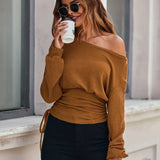 kkboxly  Solid Boat Neck Rib Knit T-shirt, Casual Drawstring Side Long Sleeve Top, Women's Clothing