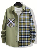 kkboxly  Stylish Collage Chest Pocket Plaid Pattern Casual Long Sleeve Button Up Shirt, Men's Clothes For Spring Summer Fall Outdoor