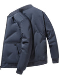 kkboxly  Men's Solid Padded Jacket, Men Casual Padded Coat Windbreaker Zipper Pocket Crew Collar For Men Winter