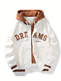 kkboxly  Men's Casual Hooded Varsity Jacket, Street Style Letter Print Jacket For School