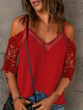 kkboxly   Lace Sleeve Cold Shoulder Blouse, Casual Spaghetti Solid V Neck Blouse, Women's Clothing