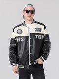 kkboxly  Men's Stylish Color Matching Embroidery Pattern PU Leather Jacket With Pockets, Casual Breathable Baseball Collar Button Up Long Sleeve Jacket For Spring Fall