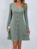 kkboxly  Solid Ribbed Dress, Casual Button Front V Neck Long Sleeve Dress, Women's Clothing