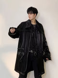kkboxly  Cotton Blend Men's Trendy PU Coat Full Length Winter Stylish Lapel Open Front Overcoat For Men Windproof Cardigan Outwear With Pocket