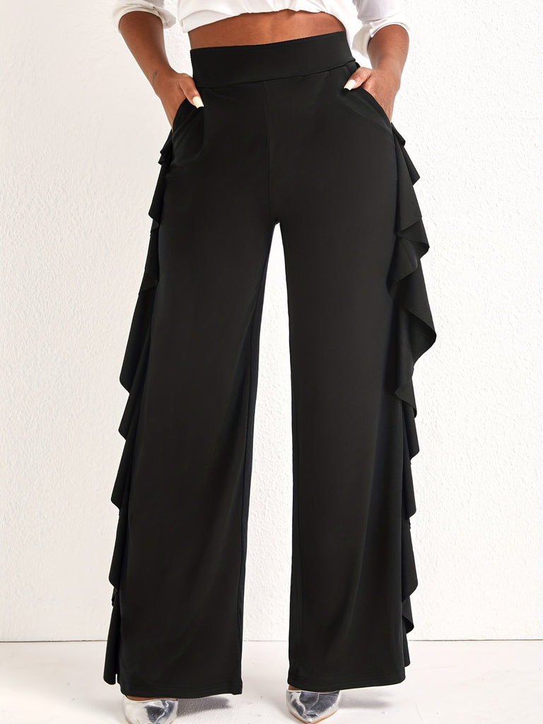 kkboxly  Slant Pockets Ruffle Trim Wide Leg Pants, Casual Loose Pants For Spring & Summer, Women's Clothing