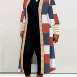 kkboxly  Plus Size Colorblock Longline Coat, Women's Plus Slight Stretch Casual Trench Coat