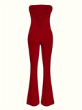 kkboxly  Tie Back Off Shoulder Jumpsuit, Party Wear Solid Flared Leg Jumpsuit, Women's Clothing