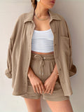 2025 kkboxly  Solid Pocket Matching Two-piece Set, Casual Long Sleeve Shirt & Drawstring Shorts Outfits, Women's Clothing