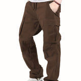 kkboxly  Men's Drawstring Multi-Pocket Heavyweight 100% Cotton Cargo Pants, Casual Pants, Straight Leg Pants, Men's Everyday, Outdoor Bottoms, Tactical Trousers
