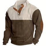 kkboxly Retro Color Block Knitted Ribbed Sweater, Men's Casual Warm Mid Stretch Stand Collar Pullover Sweater For Men Fall Winter