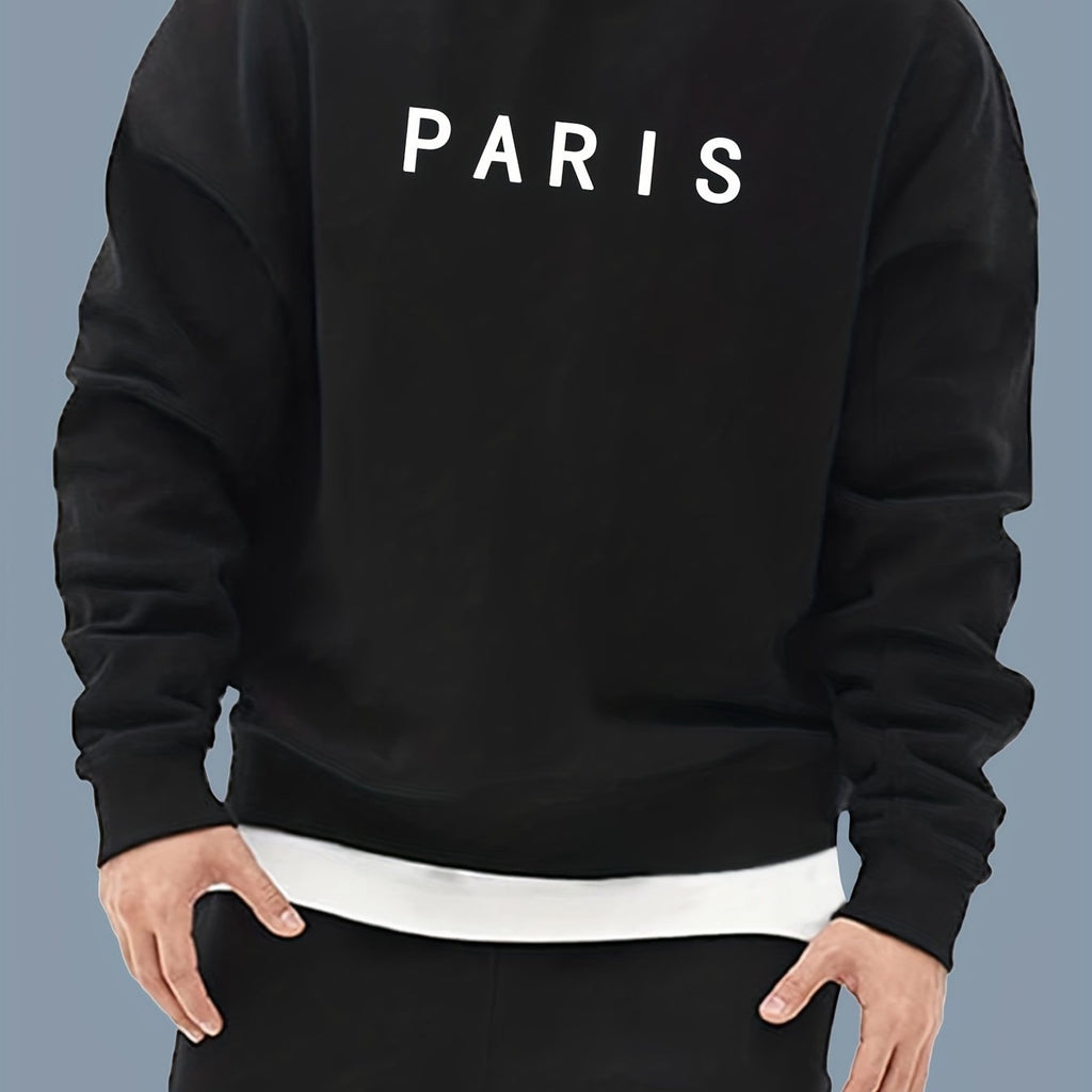kkboxly  PARIS Print Warm Thick Sweatshirt, Men's Casual Graphic Design Slightly Stretch Crew Neck Pullover Sweatshirt For Autumn Winter