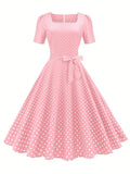 kkboxly  Polka Dot Bow Front Dress, Vintage Elegant Square Neck Short Sleeve Dress, Women's Clothing