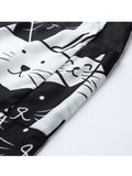 kkboxly  Women's Pants Mid Waist Cat Print Pocket Long Length Pants