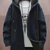 kkboxly  Warm Mid-length Hooded Fleece Coat, Men's Comfortable Solid Color Zip Up Knitted Cardigan For Spring Fall