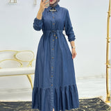 kkboxly  Solid Button Front Kaftan Abaya, Casual Long Sleeve Ruffle Hem Dress Without Hijab, Women's Clothing