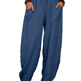 kkboxly  Solid Elastic Waist Pants, Casual Long Length Versatile Pants With Pockets, Women's Clothing