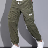 kkboxly  Men's Stylish Solid Corduroy Cargo Joggers With Pockets, Causal Breathable Drawstring Men's Bottom Clothing For City Walk Street Hanging Outdoor Activities
