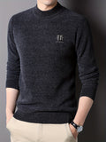 kkboxly All Match Knitted Solid Sweater, Men's Casual Warm Mid Stretch Crew Neck Pullover Sweater For Men Fall Winter
