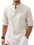 kkboxly Men's Retro Casual Long Sleeve Stand Collar Shirt With Half Button, Spring Fall Outdoor
