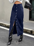 kkboxly  Single Breasted Button Split Denim Midi Skirt, Slant Pockets Non-Stretch Denim Skirt, Women's Denim Clothing