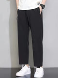 kkboxly  Men's Stylish Loose Solid Pants With Pockets, Casual Breathable Comfy Drawstring Trousers For City Walk Street Hanging Outdoor Activities
