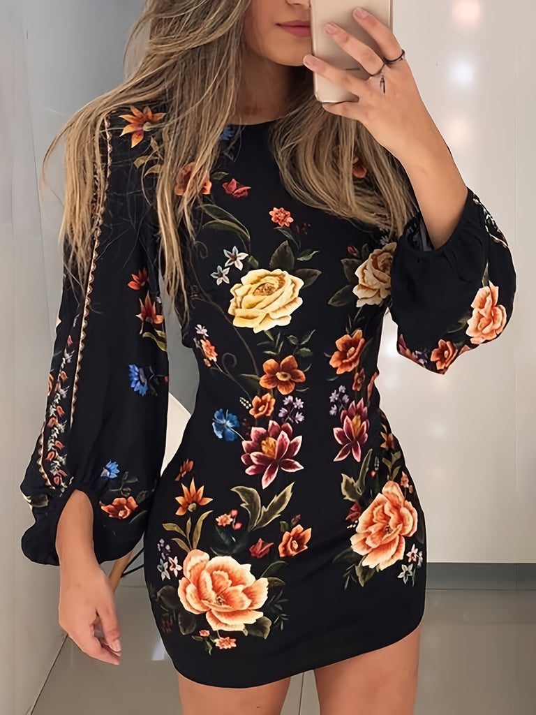 kkboxly  Floral Print Bodycon Dress, Vintage Back Cut Out Crew Neck Long Sleeve Dress, Women's Clothing