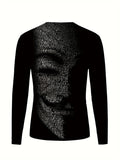 kkboxly  Abstract Letter Portrait Pattern Men's Fashion Long Sleeve Crew Neck T-shirt For Spring Fall