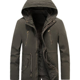kkboxly  Men's Solid Warm Fleece Hooded Jacket, Casual Multi Pocket Cargo Jacket For Fall Winter Outdoor Activities