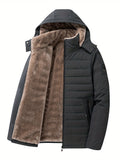 kkboxly  Men's Casual Thick Thermal Zipper Quilted Jacket, Warm Long Sleeve Hooded Fleece Lined Windproof Padded Outwear For Winter