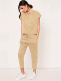 kkboxly  Casual Solid Pantsuits Two-piece Set, Short Sleeve Round Neck Tops & Drawstring Cropped Pants Set, Women's Clothing