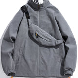 Corduroy Windbreaker Jacket, Men's Casual Street Style Stand Collar Zip Up Varsity Jackets