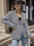 kkboxly  Houndstooth Print Lapel Blazer, Elegant Double Breasted Long Sleeve Outerwear, Women's Clothing