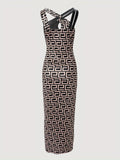 kkboxly  Graphic Print Splicing Dress, Sexy Split Thigh Sleeveless Summer Dress, Women's Clothing