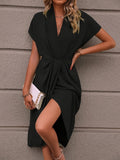 kkboxly Solid Ruched V Neck Dress, Elegant Short Sleeve Dress, Women's Clothing